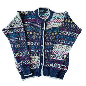 Orvis Women's Cardigan Sweater Knit Fair Isle Colorful Navy Blue Vintage Size M